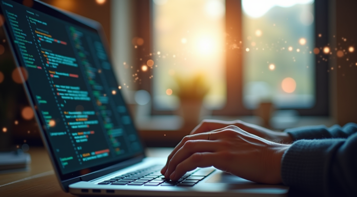 Personne tapant du code sur un ordinateur portable lumineux
