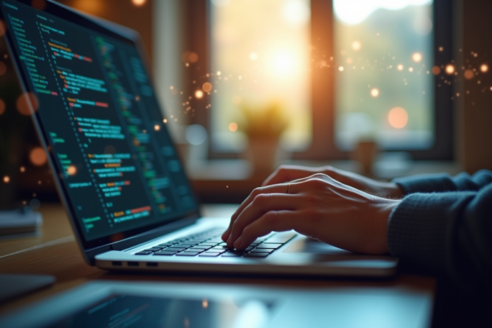 Personne tapant du code sur un ordinateur portable lumineux