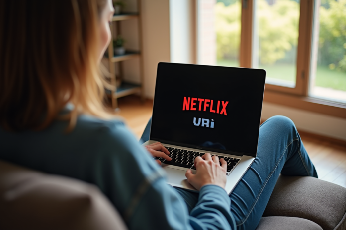 Personne sur un canapé utilisant un laptop avec VPN affiché