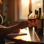 Personne tenant un verre de vin rouge en lisant l'etiquette dans une ambiance chaleureuse