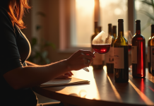 Personne tenant un verre de vin rouge en lisant l'etiquette dans une ambiance chaleureuse