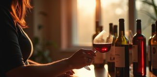 Personne tenant un verre de vin rouge en lisant l'etiquette dans une ambiance chaleureuse