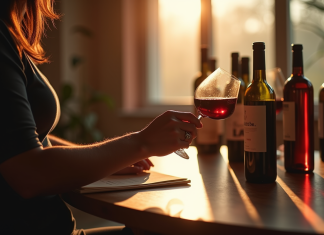 Personne tenant un verre de vin rouge en lisant l'etiquette dans une ambiance chaleureuse