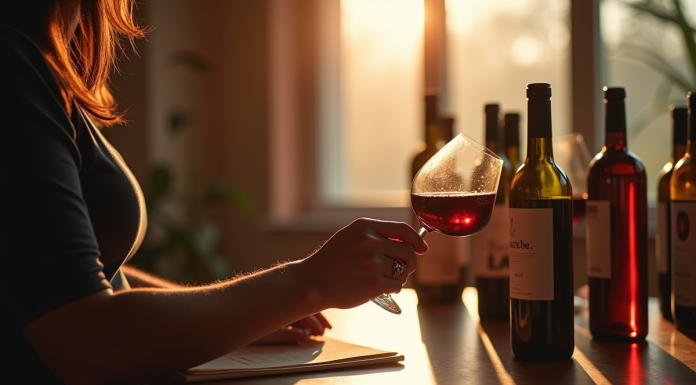 Personne tenant un verre de vin rouge en lisant l'etiquette dans une ambiance chaleureuse
