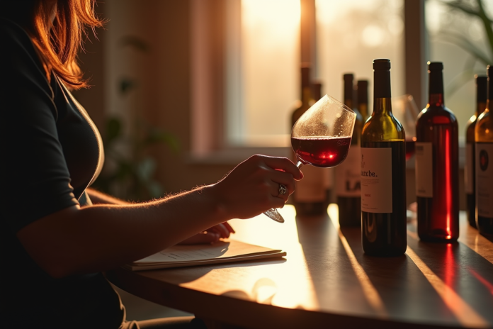 Personne tenant un verre de vin rouge en lisant l'etiquette dans une ambiance chaleureuse