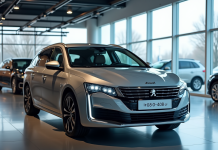 Peugeot 408 dans concession moderne avec prix sur le pare-brise