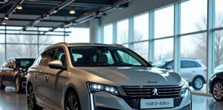 Peugeot 408 dans concession moderne avec prix sur le pare-brise