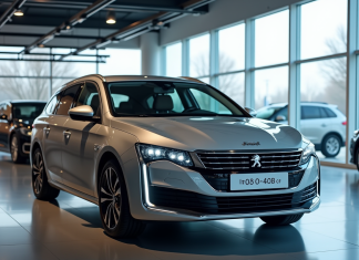 Comment le prix de la Peugeot 408 affecte-t-il le marché automobile ? Peugeot 408 dans concession moderne avec prix sur le pare-brise