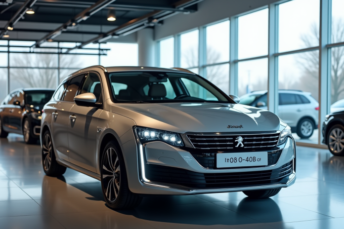 Peugeot 408 dans concession moderne avec prix sur le pare-brise