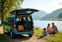 Peugeot Partner Tepee au bord du lac avec famille et équipement camping