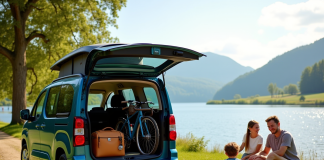 Peugeot Partner Tepee au bord du lac avec famille et équipement camping