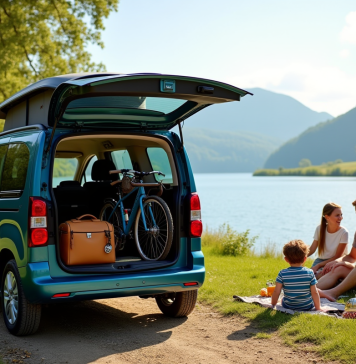 Peugeot Partner Tepee au bord du lac avec famille et équipement camping