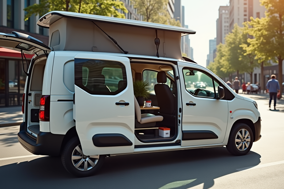 Peugeot Partner Tepee en ville avec espace de travail mobile intérieur