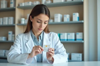Pharmacienne examinant un médicament prescrit au comptoir d'une pharmacie moderne