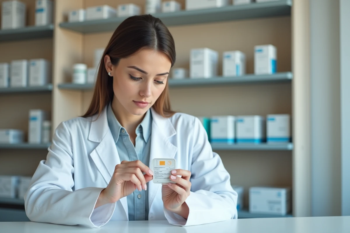 Pharmacienne examinant un médicament prescrit au comptoir d'une pharmacie moderne