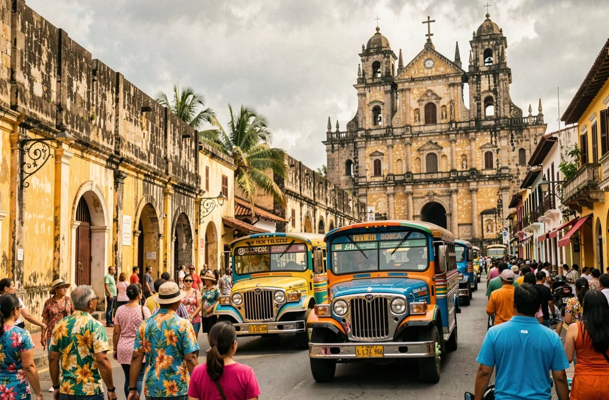 Les jeepneys colorés d'Intramuros à Manille aux Philippines devant les remparts coloniaux espagnols et l'église San Agustin