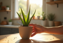 Main plantant une aloe vera dans un pot en céramique en intérieur
