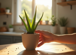 Main plantant une aloe vera dans un pot en céramique en intérieur