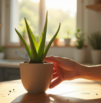 Main plantant une aloe vera dans un pot en céramique en intérieur