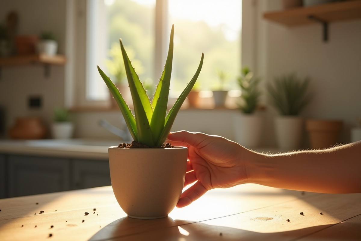 Main plantant une aloe vera dans un pot en céramique en intérieur