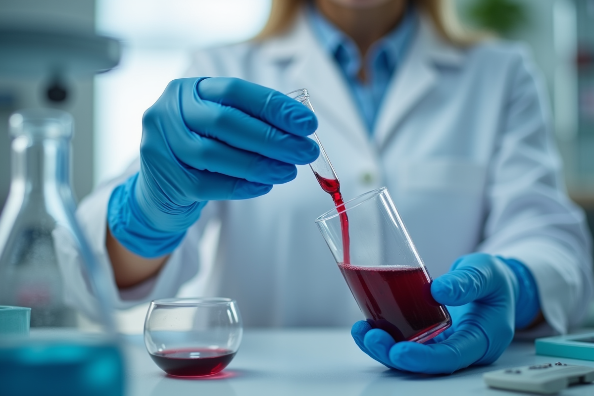 Mains gantées manipulant un échantillon de vin dans un laboratoire moderne