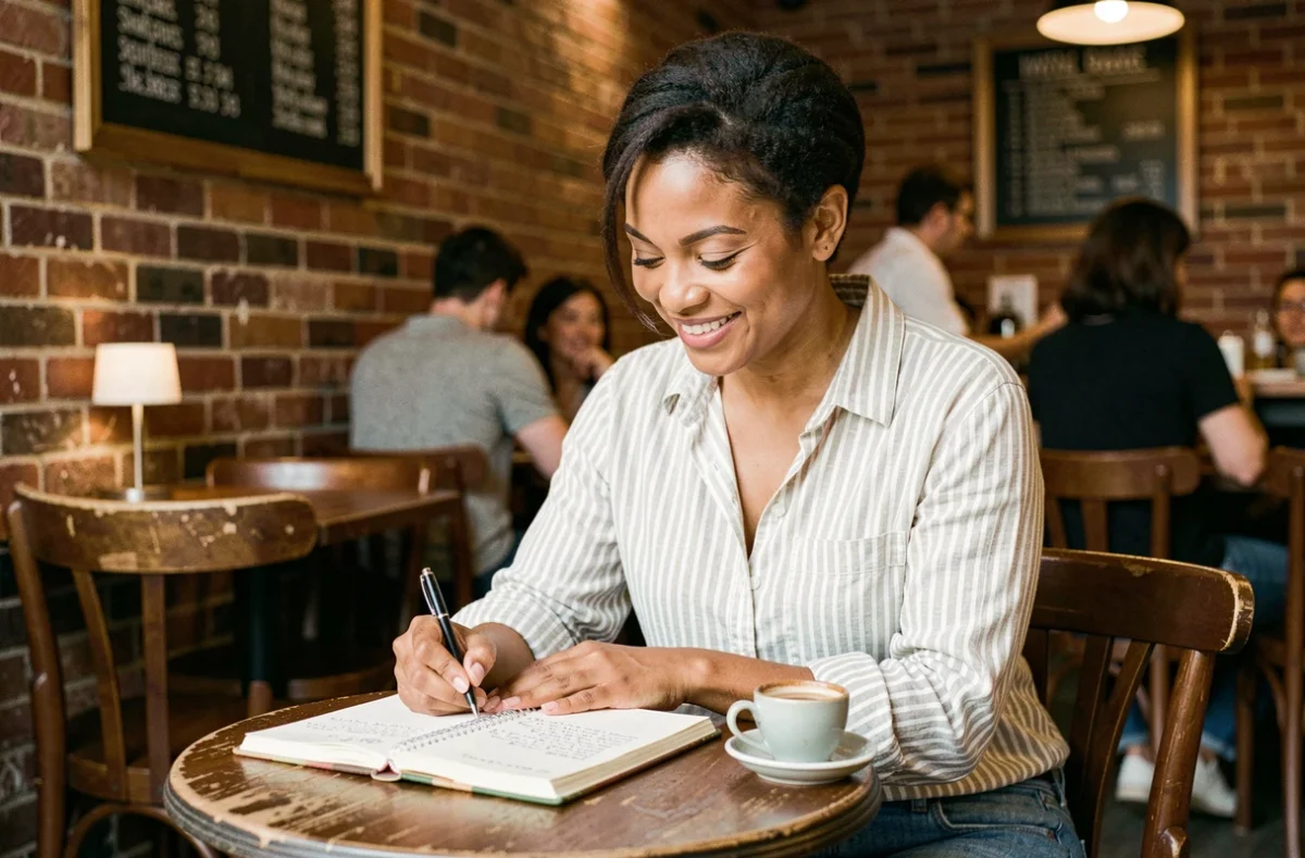 Femme préparant son répertoire de blagues dans un carnet dans un café urbain, souriant avec concentration