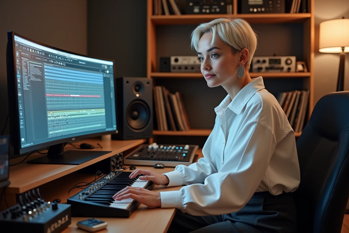 Productrice de musique techno assise dans son home studio avec synthétiseurs et session DAW sur grand écran incurvé