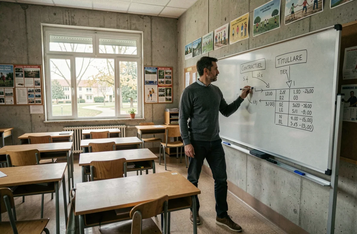 Professeur titulaire comparant les échelons de salaire contractuel et titulaire au tableau dans une salle de classe