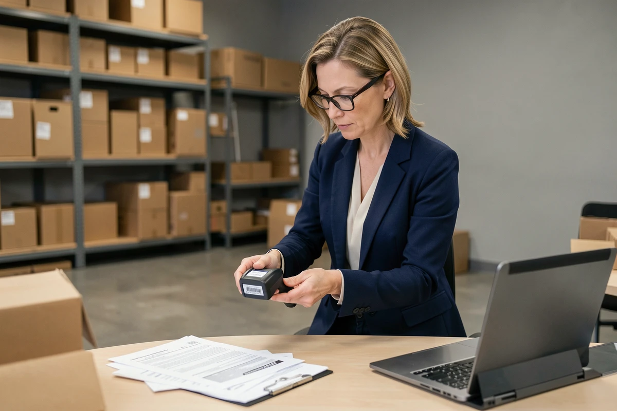 Professionnelle en logistique scannant une étiquette de retour colis dans un bureau professionnel organisé