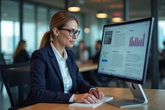 Professionnelle en veille stratégique consultant un blog spécialisé sur écran dans un open space moderne