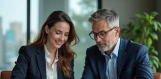 Deux professionnels en réunion dans un bureau moderne