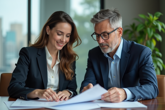 Deux professionnels en réunion dans un bureau moderne