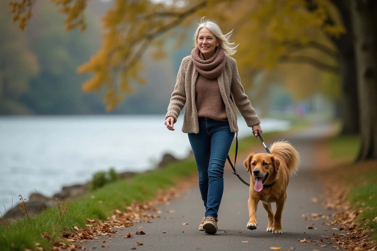 Femme et chien marchant au bord de la rivière