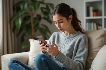 Jeune femme consultant anonymement une story Instagram sur son smartphone dans son salon