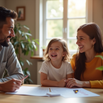Couple rencontrant un enfant dans une agence d'adoption chaleureuse