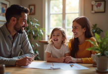 Couple rencontrant un enfant dans une agence d'adoption chaleureuse
