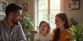 Couple rencontrant un enfant dans une agence d'adoption chaleureuse