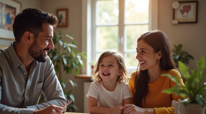 Couple rencontrant un enfant dans une agence d'adoption chaleureuse