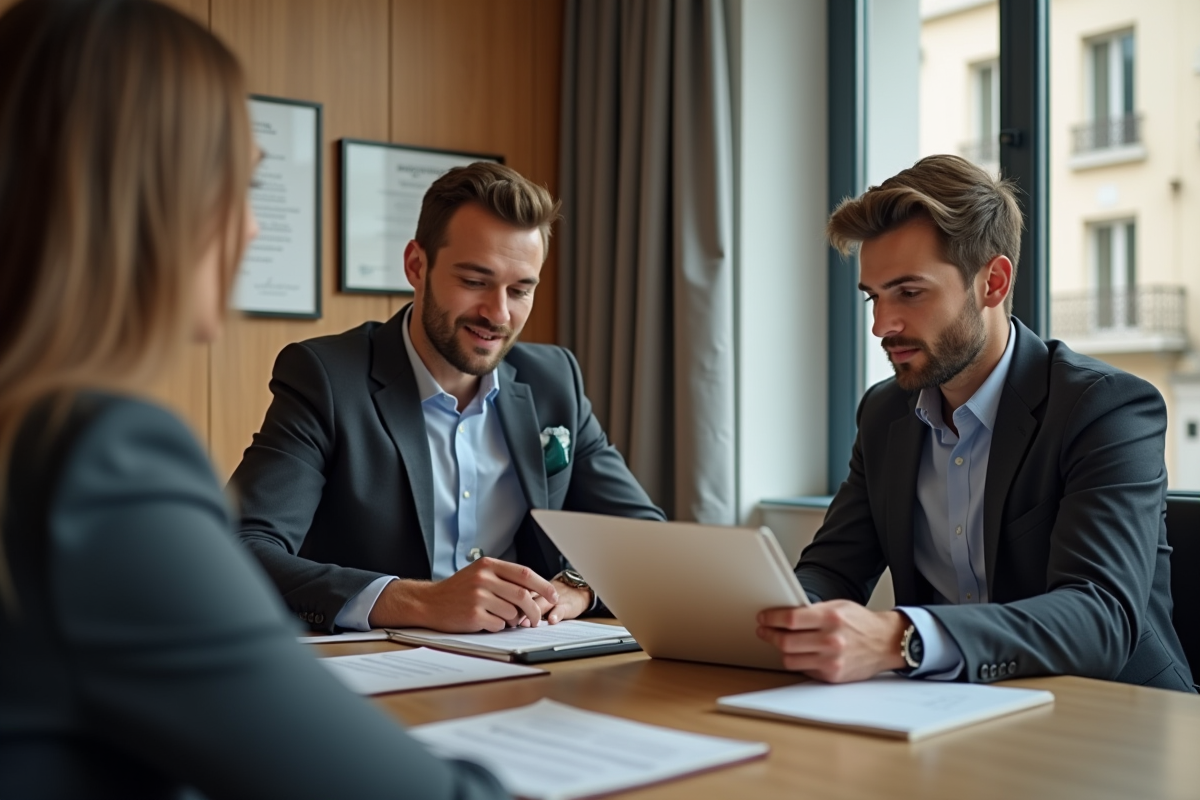 Jeune homme français rencontrant un conseiller avec des documents immobiliers dans un bureau