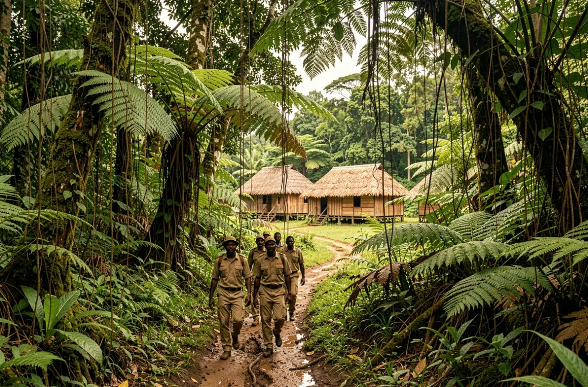 Des guides locaux traversant la forêt tropicale dense du Virunga en République Démocratique du Congo vers un village reculé