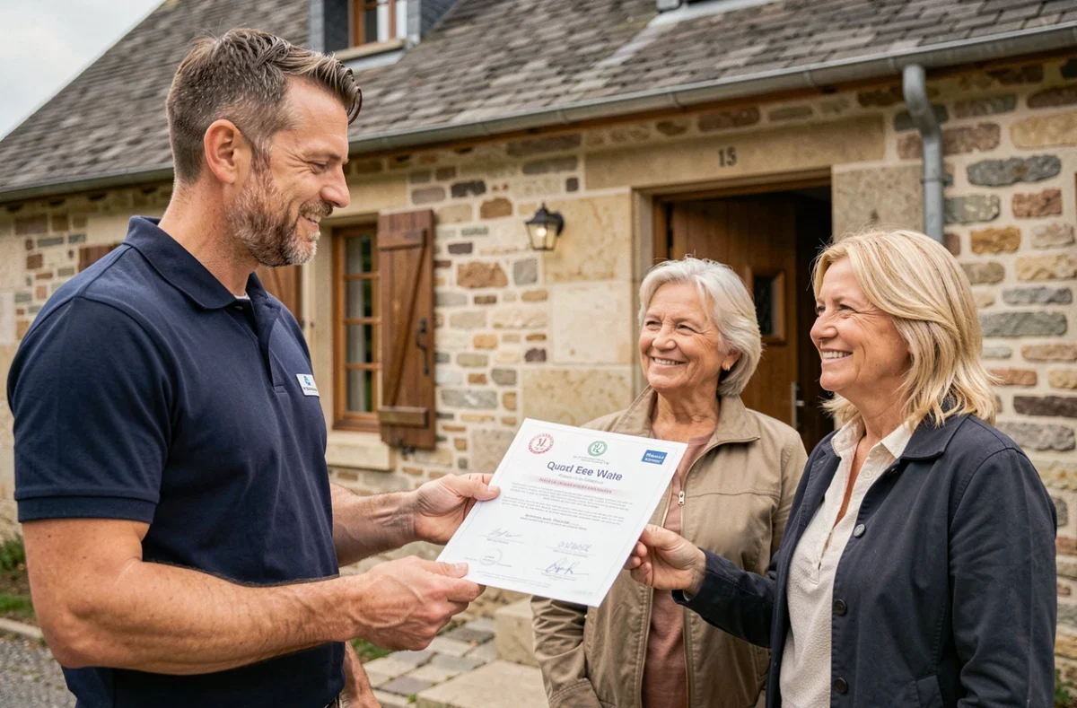 Couvreur certifié présentant ses accréditations à des propriétaires devant leur maison en pierre en Isère