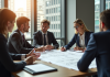 Réunion d'affaires avec professionnels analysant plans et documents