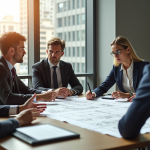 Réunion d'affaires avec professionnels analysant plans et documents