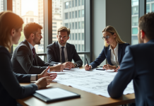 Réunion d'affaires avec professionnels analysant plans et documents