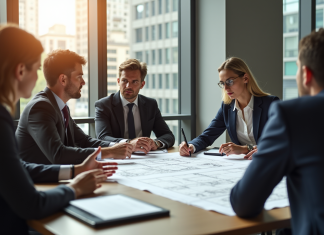 Les erreurs à éviter lors du choix d’une catégorie ERP pour votre entreprise Réunion d'affaires avec professionnels analysant plans et documents