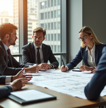 Réunion d'affaires avec professionnels analysant plans et documents