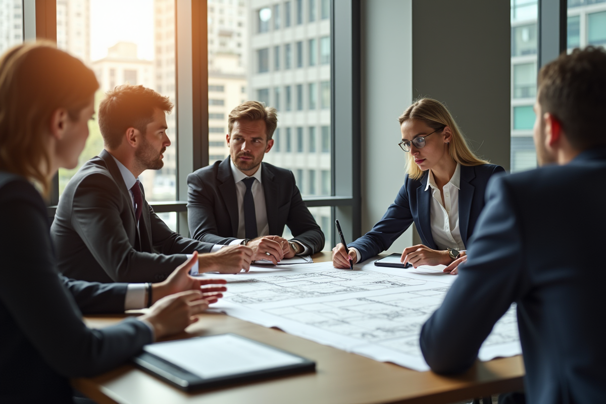 Réunion d'affaires avec professionnels analysant plans et documents