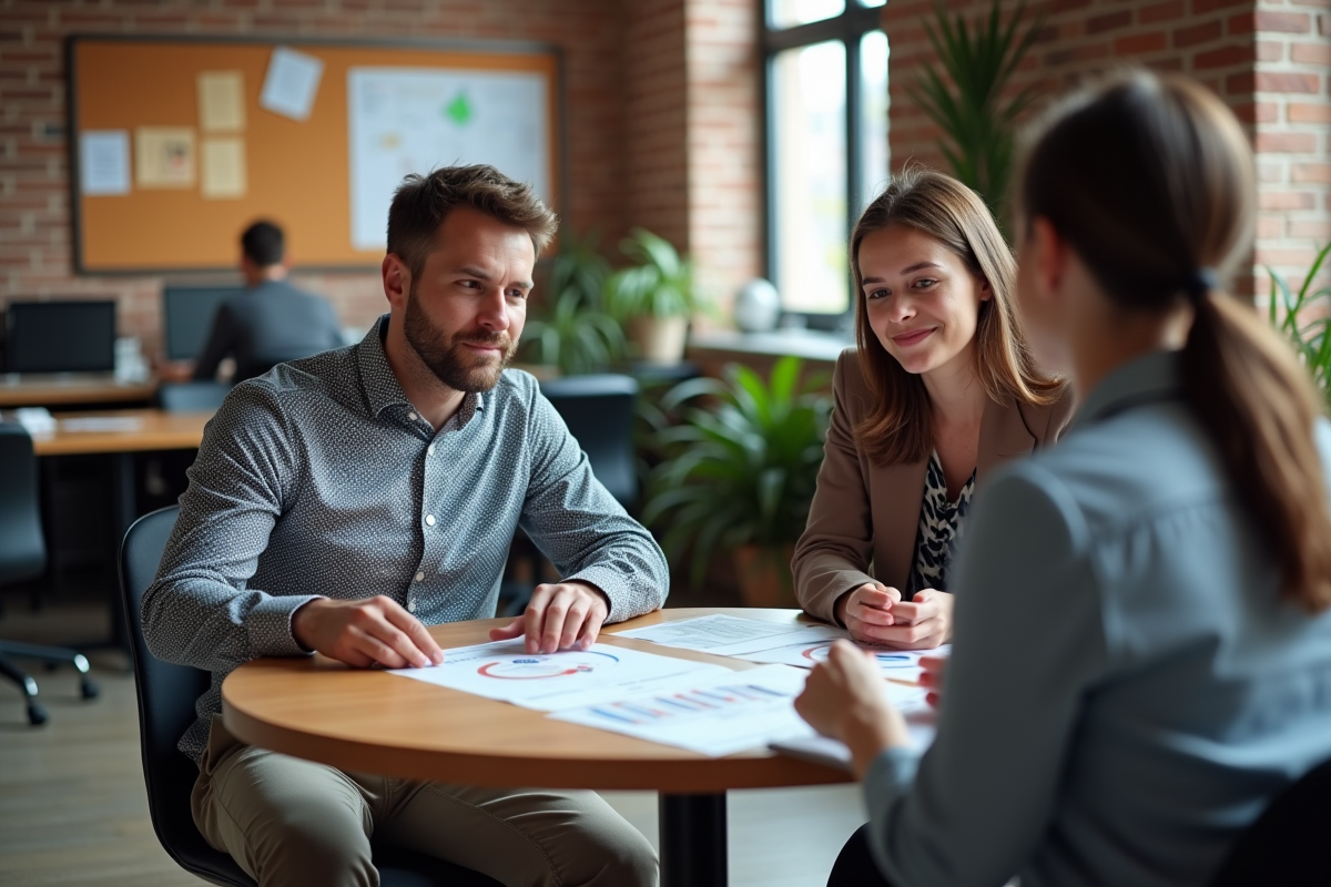 Groupe de collègues discutant de logiciels de paie en réunion