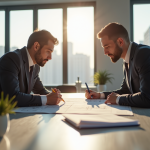 Réunion entre propriétaire et gestionnaire avec plans et documents