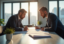 Réunion entre propriétaire et gestionnaire avec plans et documents